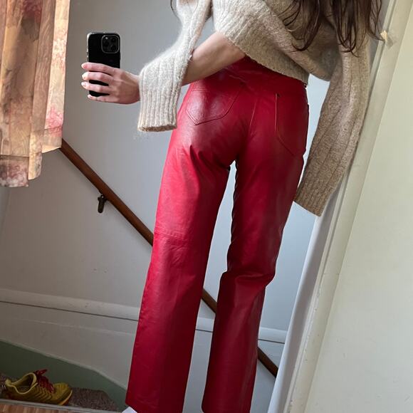 Vintage Straight Leg Red Leather Pants‎ Biker Moto Maximalist Unique Size 27 - Picture 1 of 10